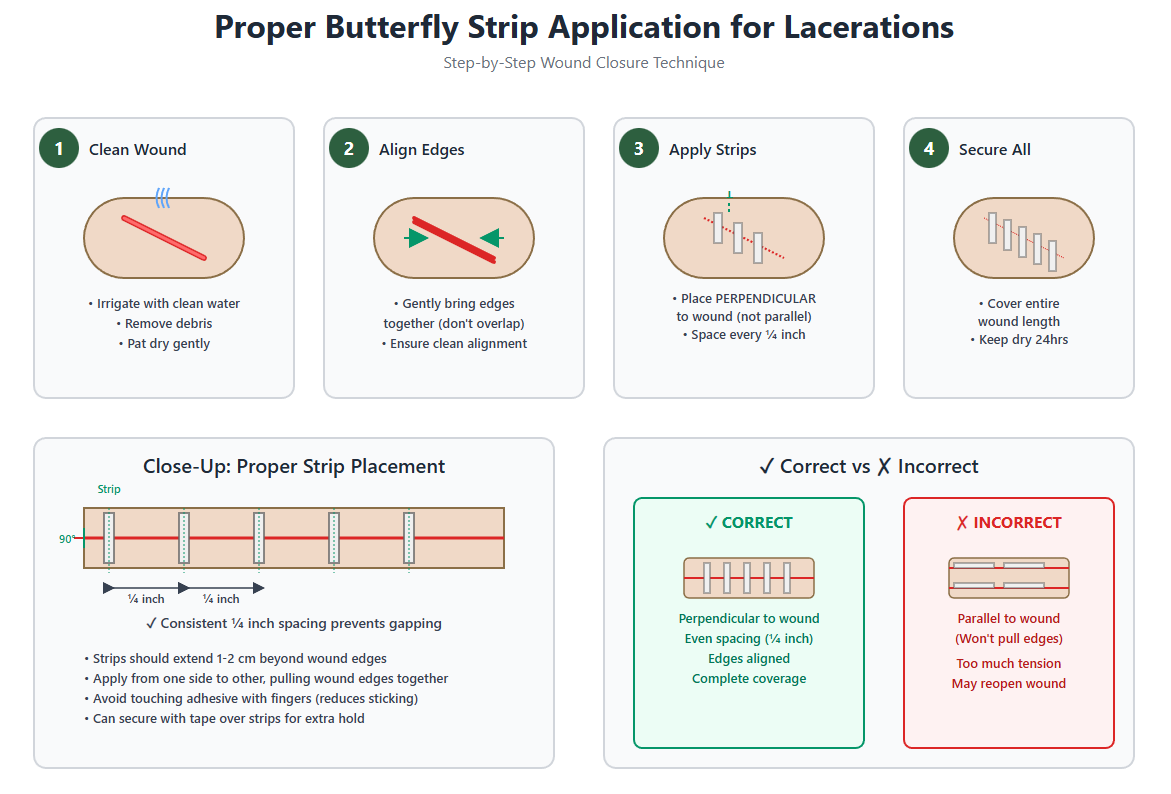 Diagram showing proper butterfly strip application technique for closing lacerations