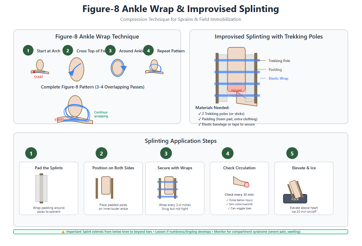Diagram showing figure-8 ankle wrapping technique and improvised splinting with trekking poles