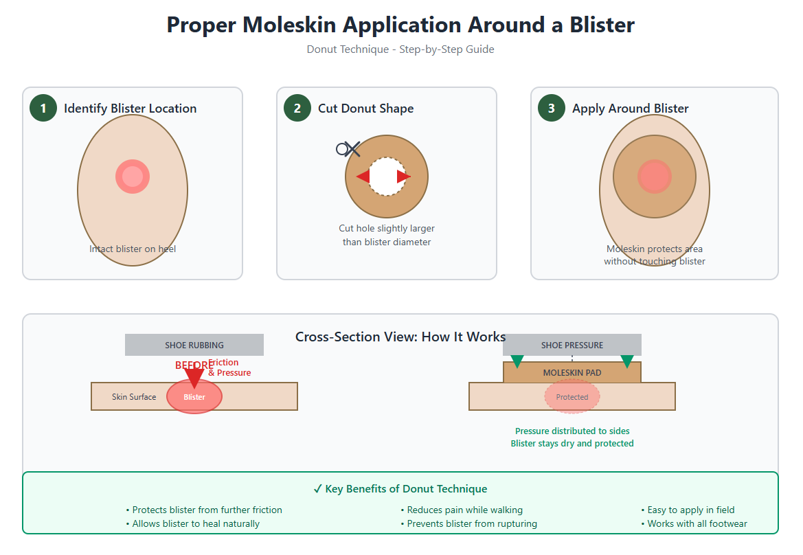 Diagram showing proper moleskin donut application technique around a blister