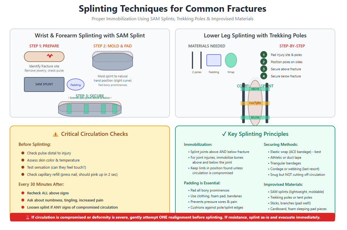 Diagram showing splinting techniques using SAM splints and trekking poles for wrist, forearm, and lower leg fractures